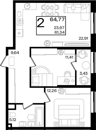 2-комн. квартира, 61.34 м² в ЖК Патрики — фото 2