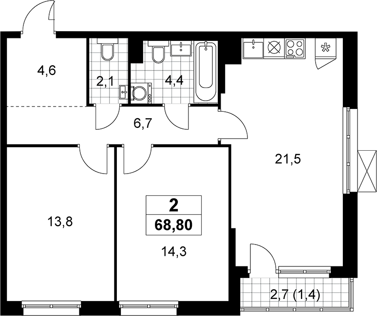 3-комн., 67.4 м², 4/13 этаж, ЖК «Прокшино»
