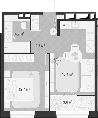 2-комн., 38.6 м², 6/18 этаж, ЖК «Гранд Комфорт»