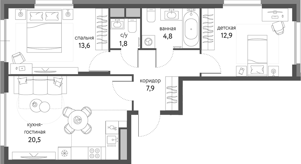 3-комн., 61.5 м², 4/9 этаж, ЖК «Сиреневый парк»