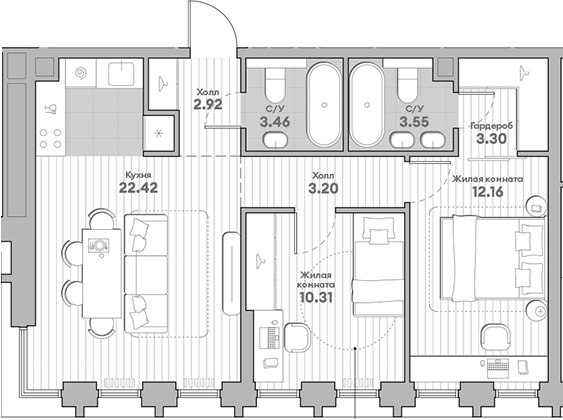 2-комн., 61.32 м², 35/44 этаж, ЖК «ИНДИВО»