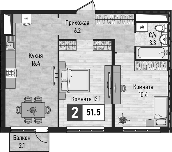 2-комн., 49.4 м², 8/12 этаж, ЖК «Живописный»