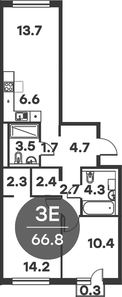 3-комн., 66.5 м², 3/6 этаж, ЖК «Равновесие»