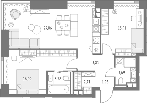 3-комн., 73.03 м², 4/47 этаж, ЖК «Апсайд Тауэрс»