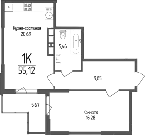1-комн. квартира, 52.28 м² в ЖК Кумир — фото 2