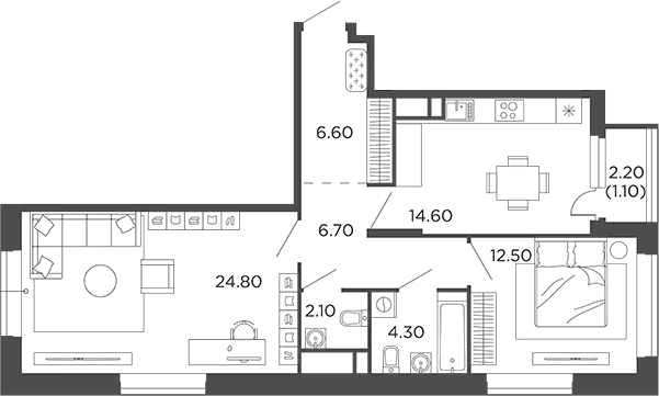 2-комн., 71.6 м², 13/22 этаж, ЖК «Филатов Луг»
