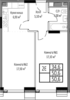 2-комн., 50.6 м², 13/33 этаж, ЖК «Мираполис»