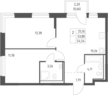 3-комн., 53.88 м², 6/17 этаж, ЖК «Квартал Ивакино»