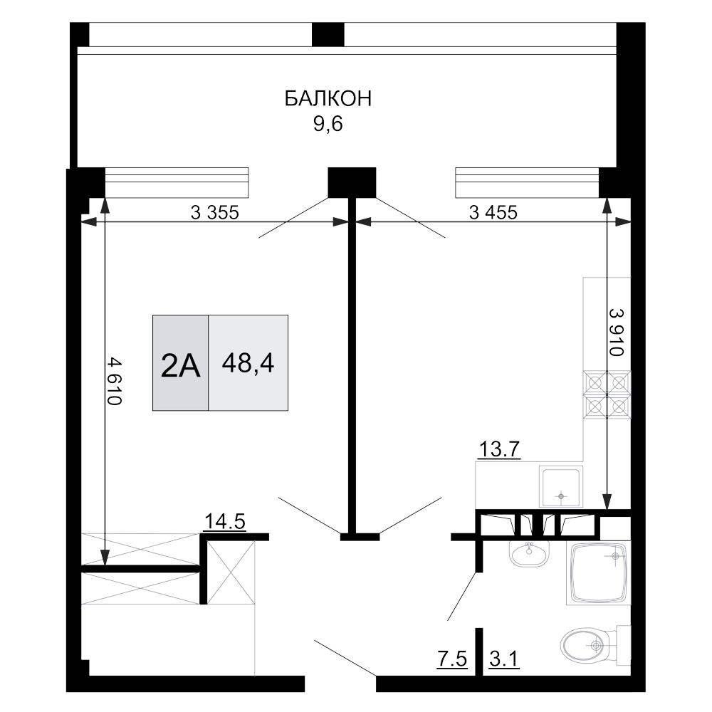 2-комн., 38.8 м², 9/9 этаж, ЖК «Гостиничный комплекс Мореград»
