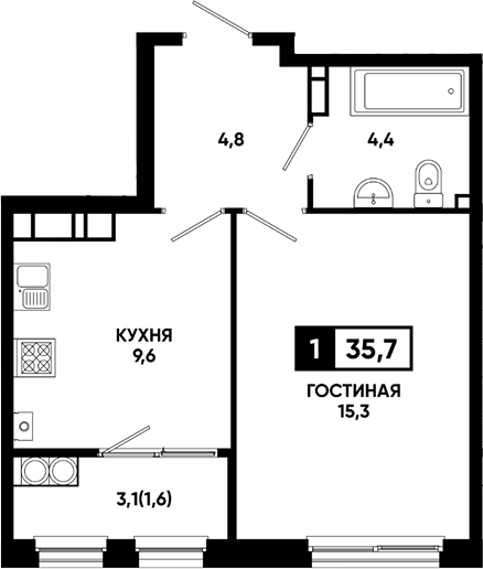 1-комн., 34.1 м², 18/18 этаж, ЖК «Резиденция Софи»