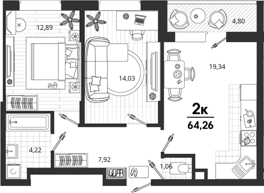 Продается 2-комн. квартира, 59.46 м² — фото 2