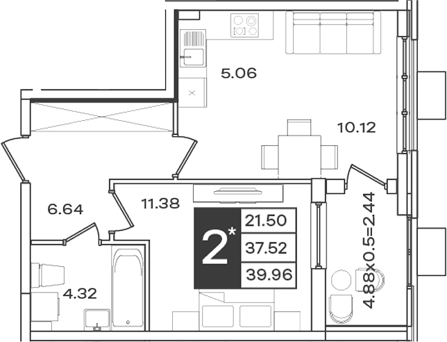 2-комн., 37.52 м², 2/9 этаж, ЖК «Сюжеты»