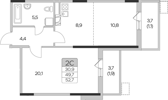 1-комн., 49.7 м², 4/9 этаж, ЖК «Пироговская ривьера. Мытищи»