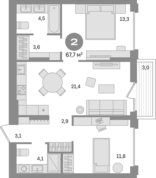 2-комн., 64.7 м², 3/17 этаж, ЖК «Первый квартал. Вторая очередь»