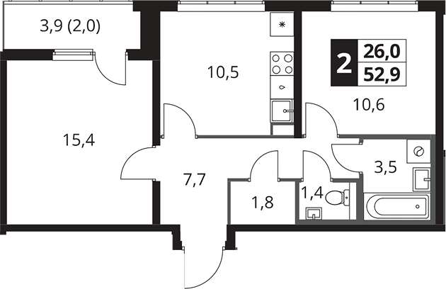 2-комн., 50.9 м², 7/25 этаж, ЖК «1-й Южный»