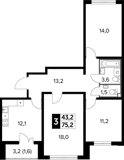 3-комн., 73.6 м², 8/24 этаж, ЖК «Южная Битца»