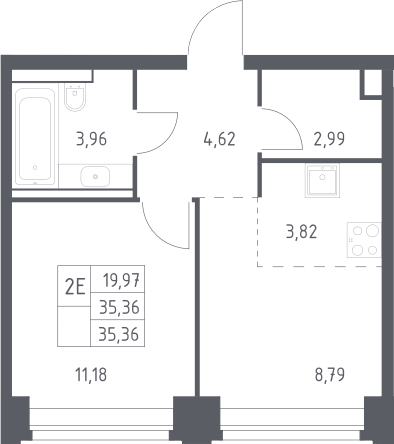 2-комн., 35.36 м², 16/32 этаж, ЖК «НОВА»