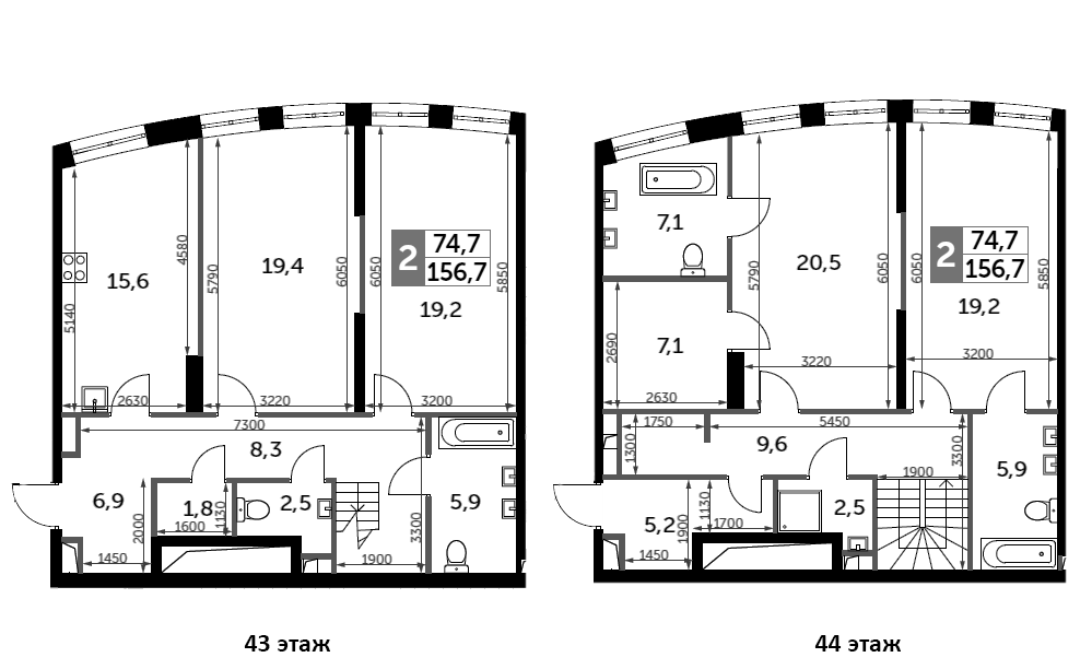 4+ комнаты, 156.7 м², 43/44 этаж, ЖК «Сидней Сити»