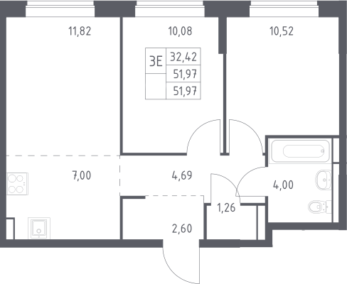3-комн., 51.97 м², 5/12 этаж, ЖК «Богдановский лес»