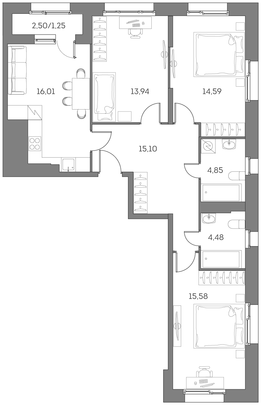 4+ комнаты, 84.55 м², 13/14 этаж, ЖК «Аквилон БИСАЙД 2.0»