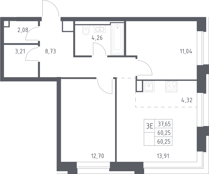 3-комн., 60.25 м², 4/14 этаж, ЖК «Верейская 41»