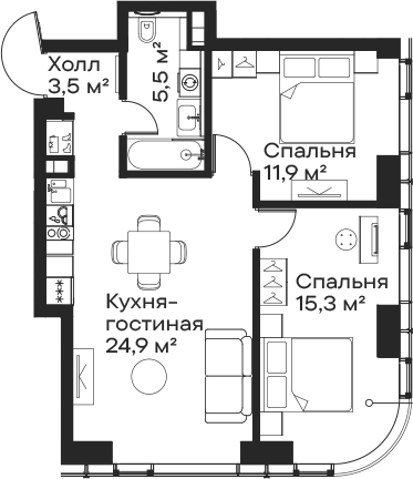 3-комн., 61.1 м², 8/59 этаж, ЖК «Сити Бэй»