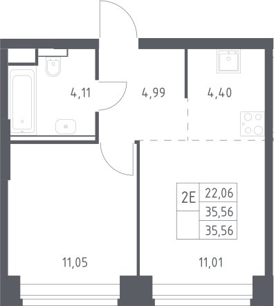 2-комн., 35.56 м², 18/32 этаж, ЖК «НОВА»