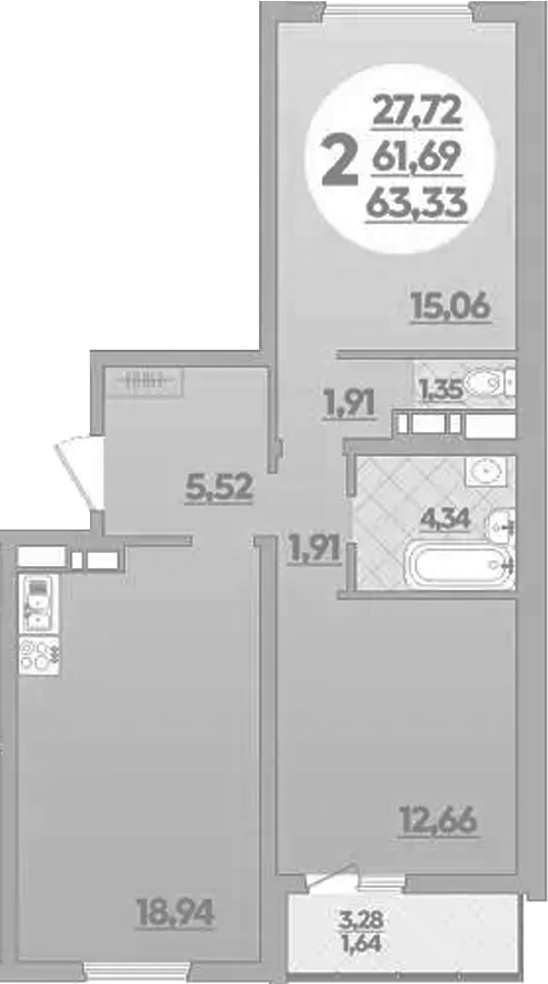2-комн., 61.69 м², 2/9 этаж, ЖК «Предгорье Лаго-Наки»