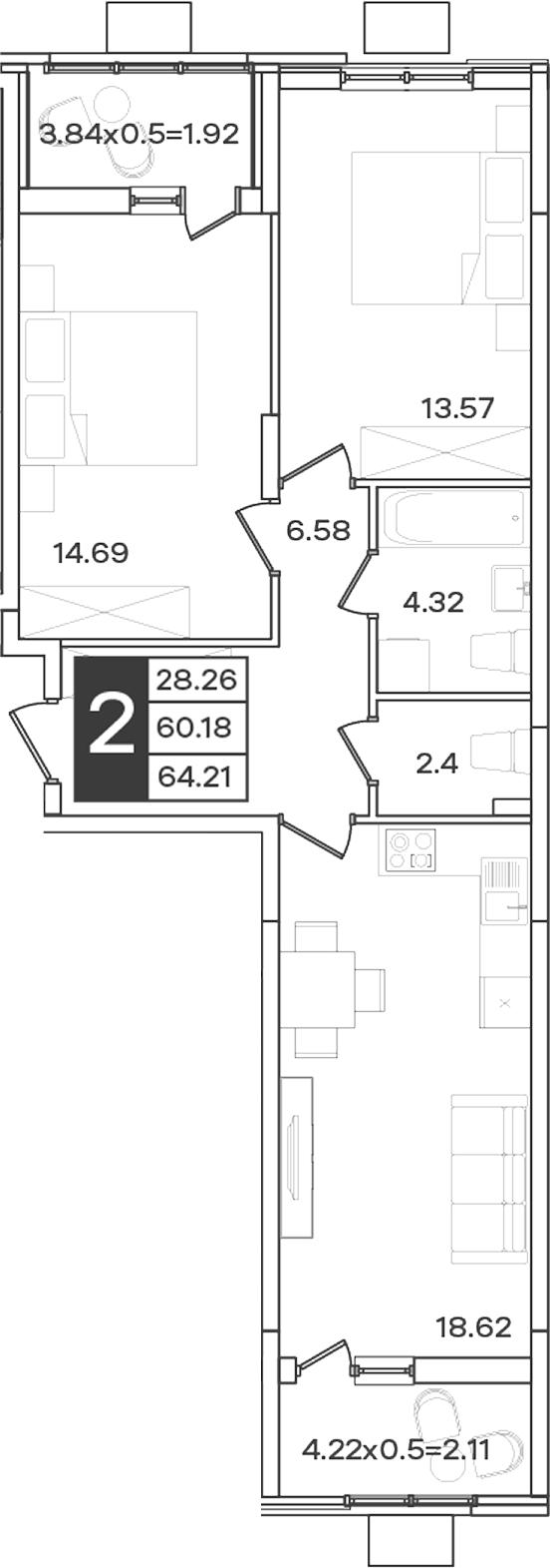 Продается 2-комн. квартира, 60.18 м²