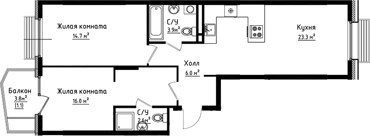 2-комн., 66.5 м², 2/4 этаж, ЖК «Коллекция»