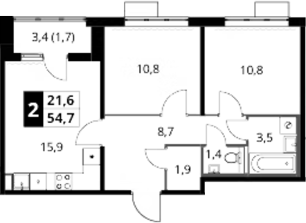 2-комн., 53 м², 12/16 этаж, ЖК «1-й Шереметьевский»