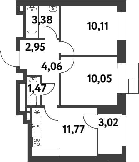 2-комн., 43.79 м², 14/16 этаж, ЖК «Смарт Гарден»