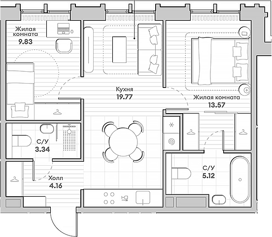 2-комн., 55.79 м², 2/12 этаж, ЖК «ИНДИВО»