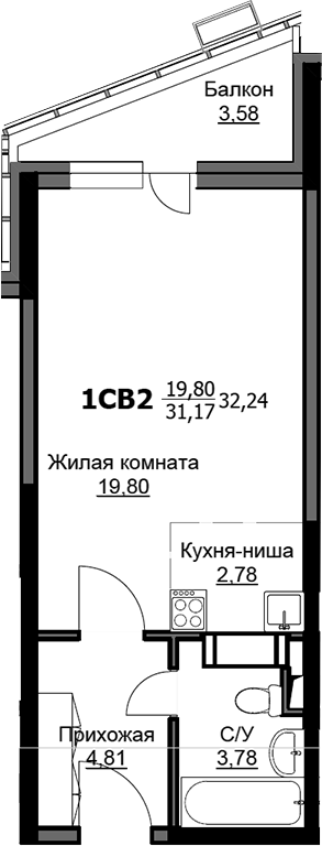 Студия, 31.15 м², 15/17 этаж, ЖК «Соболевка»