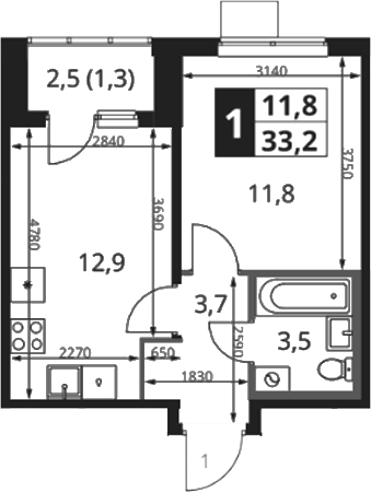 1-комн., 32.5 м², 8/17 этаж, ЖК «1-й Ясеневский»