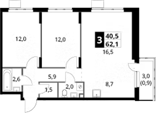 3-комн., 61.2 м², 19/24 этаж, ЖК «1-й Донской»