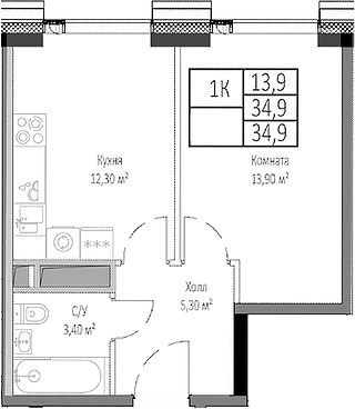1-комн., 34.9 м², 25/35 этаж, ЖК «Мираполис»