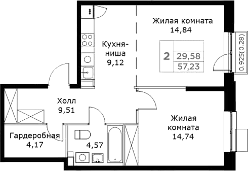2-комн., 56.95 м², 16/25 этаж, ЖК «КИТ»