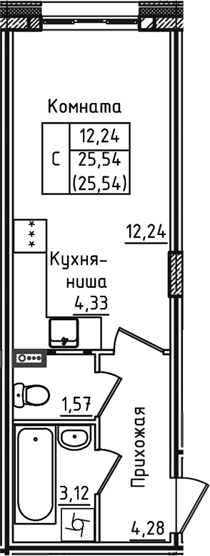 Студия, 25.54 м², 1/5 этаж, ЖК «Зеленый город»