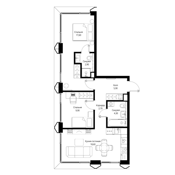 3-комн., 61.9 м², 13/17 этаж, ЖК «СИТИДЗЕН»