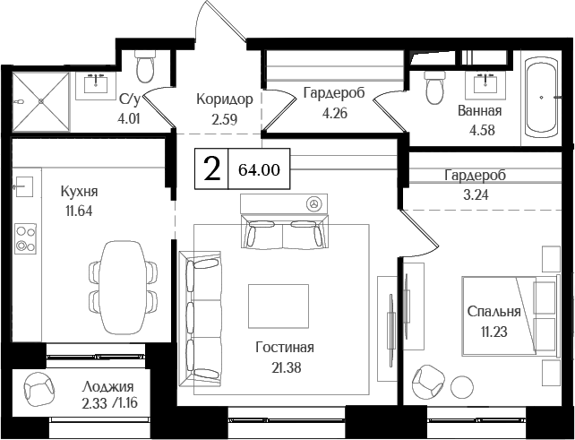 2-комн., 62.84 м², 15/17 этаж, ЖК «Преображенская площадь»