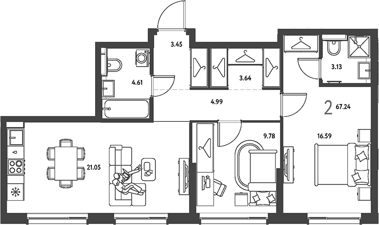 2-комн., 67.24 м², 7/19 этаж, ЖК «Страна.Парковая»