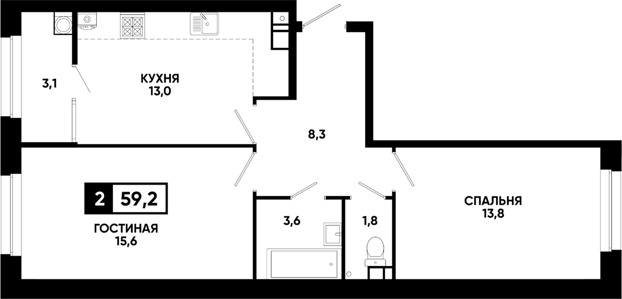 2-комн., 56.1 м², 4/8 этаж, ЖК «Кварталы 17/77»