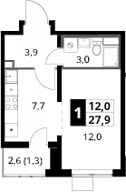 Студия, 26.6 м², 19/25 этаж, ЖК «1-й Южный»