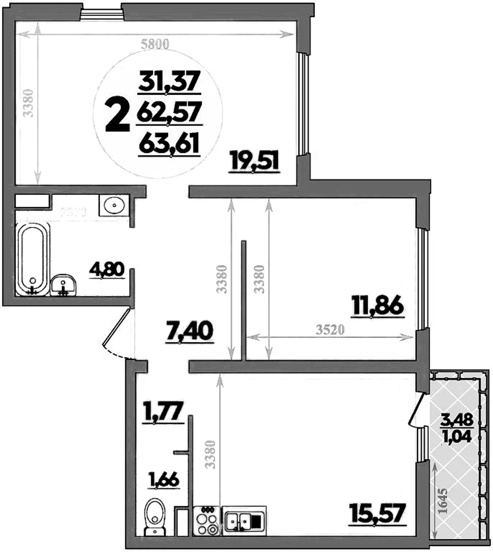 Продается 2-комн. квартира, 62.57 м²