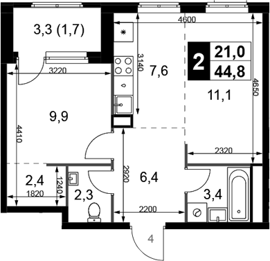 2-комн., 43.1 м², 10/10 этаж, ЖК «1-й Химкинский»