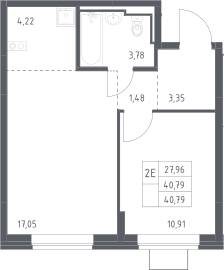 2-комн., 40.79 м², 11/12 этаж, ЖК «Богдановский лес»