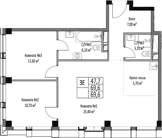 3-комн., 69.6 м², 13/27 этаж, ЖК «ЭМОУШН»