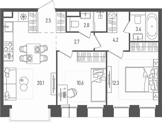 3-комн., 58.6 м², 31/33 этаж, ЖК «Пейв»