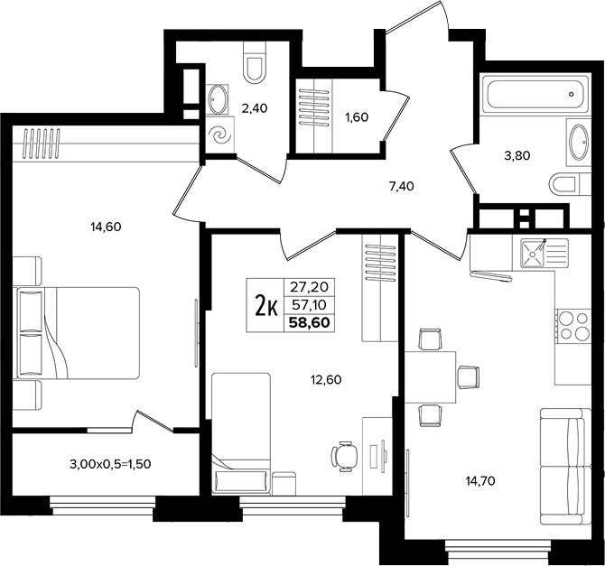 3-комн., 57.1 м², 4/12 этаж, ЖК «Лермонтов Парк»